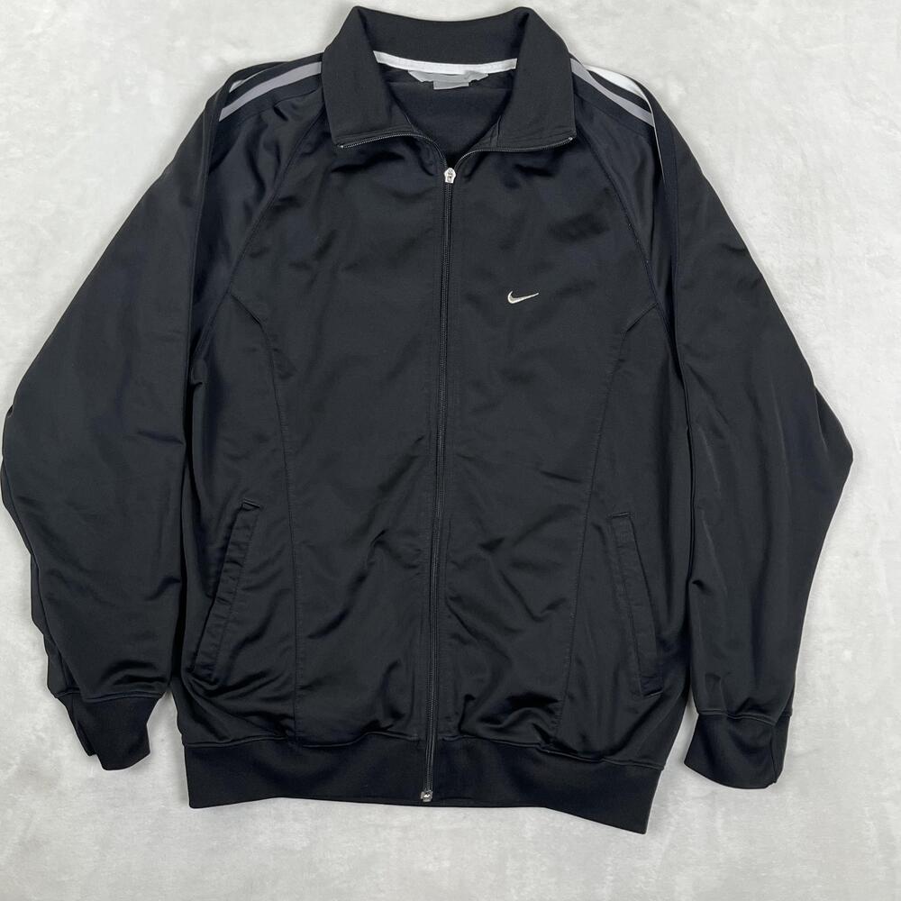 Vintage Nike Track Jacket Mens Large Black Full Zip Striped Sleeve Back Logo Y2K